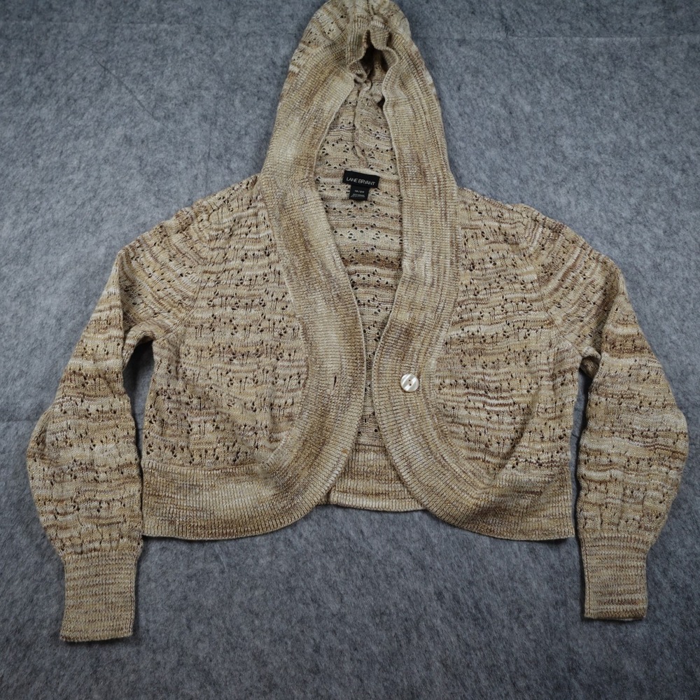 Lane Bryant Sweater Women Eighteen Twenty Tan Metallic Hooded Open Knit Shrug